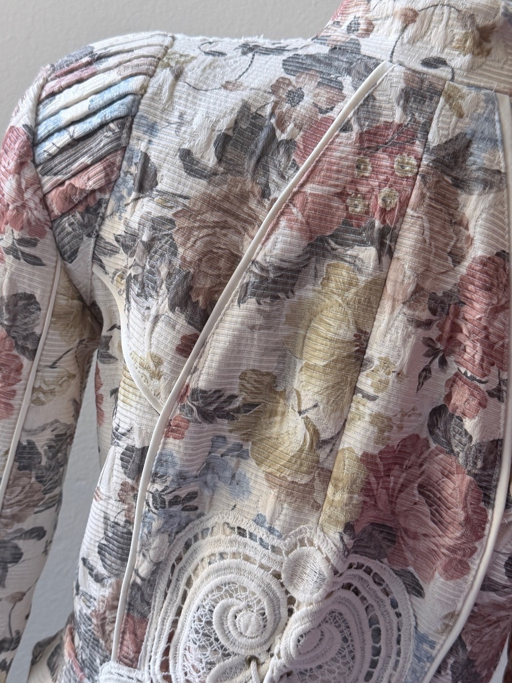 Vintage Tapestry Floral Lace Panel Zip Front Jacket — Cream, Blush & Sage - Picture 11 of 12